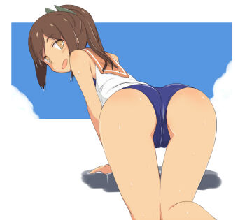 1girl all_fours ass ass_focus blue_background blue_one-piece_swimsuit blue_sky blush border brown_eyes brown_hair cloud commentary_request crotch_seam feet_out_of_frame from_behind i-401_(kancolle) kantai_collection kugui_kiyunemu long_hair looking_at_viewer one-piece_swimsuit open_mouth orange_sailor_collar outside_border parted_bangs ponytail sailor_collar school_swimsuit shirt sidelocks sky sleeveless sleeveless_shirt solo swimsuit tan turning_head wet white_border white_shirt