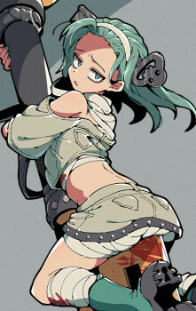 1girl a.b.a ass bags_under_eyes bandaged_leg bandaged_neck bandaged_torso bandages bare_shoulders blood bloody_bandages boots brown_shirt brown_skirt commentary_request forehead green_boots green_eyes green_hair green_nails grey_background guilty_gear guilty_gear_strive hairband hugging_object itsuka_neru key long_hair nail_polish object_through_head off-shoulder_shirt off_shoulder oversized_object parted_lips shirt shoe_soles short_sleeves skirt solo white_hairband
