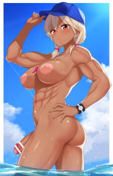 1futa abs arm_up ass bar_censor baseball_cap biceps blonde_hair blue_hat blue_sky blush border borrowed_character breasts censored cloud commentary_request completely_nude contrapposto dark-skinned_female dark_skin day from_side futanari hair_between_eyes hair_ornament hand_on_headwear hand_on_own_hip hat highres large_areolae large_breasts large_penis light_areolae looking_at_viewer looking_to_the_side low_twintails medium_hair mobukichi muscular muscular_female navel nipples nude ocean original outdoors outside_border parted_lips penis precum red_eyes shade short_twintails sky solo standing stomach thighhighs twintails wading water wet whistle whistle_around_neck white_border wristband