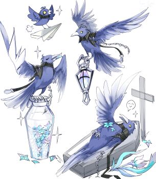 absurdres animal animalization beak bird blue_bird blue_fire casket chain chibi chinese_commentary closed_eyes cross feathers fire flins_(genshin_impact) flower genshin_impact glowing highres jar lantern lying magicrabbit49586 open_mouth paper_airplane primogem solo sparkle spoken_expression white_background wings yellow_eyes