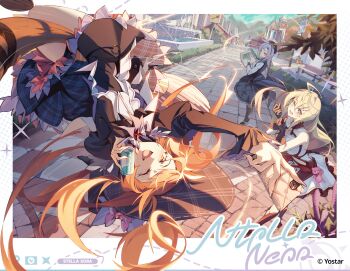 3girls :d ahoge bare_shoulders beret black_dress black_hat black_pantyhose black_skirt blonde_hair broom broom_riding can commentary_request computer dress drink_can grey_hair hat highres holding holding_can holding_laptop hxxg iris_(stella_sora) juliet_sleeves laptop long_hair long_sleeves looking_at_another miniskirt mistique_(stella_sora) multiple_girls noya_(stella_sora) open_mouth orange_eyes orange_hair outdoors pantyhose puffy_sleeves red_eyes shirt short_dress skirt sleeveless sleeveless_shirt smile soda_can star-shaped_pupils star_(symbol) stella_sora symbol-shaped_pupils twintails white_shirt white_skirt witch_hat