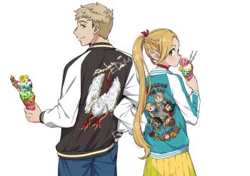 1boy 1girl blonde_hair blue_jacket bow braid centauroid character_print chilchuck_tims chimera choker contemporary copyright_name denim dryad_fruit_(dungeon_meshi) dungeon_meshi eating edomon-do elf falin_touden falin_touden_(chimera) food golem green_eyes green_skirt hair_bow hand_in_pocket holding holding_food holding_ice_cream ice_cream ice_cream_cone izutsumi jacket jeans laios_touden letterman_jacket long_hair looking_at_viewer looking_back mandrake mandrake_(dungeon_meshi) marcille_donato mimic mimic_chest pants pointy_ears ponytail red_bow red_choker senshi_(dungeon_meshi) signature simple_background skirt taur very_long_hair walking_mushroom_(dungeon_meshi) white_background