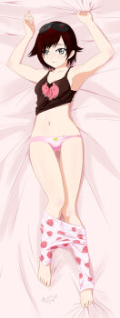 1girl armpits brown_hair clothes_pull dakimakura_(medium) female_focus grey_eyes highres kimmy77 lying midriff panties pants pants_pull red_hair ruby_rose rwby short_hair sleepwear solo underwear