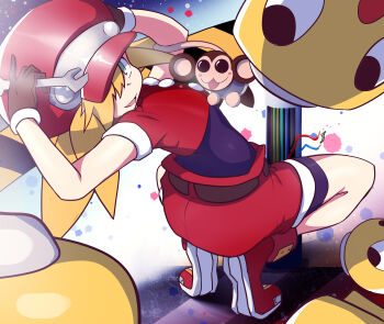 1girl absurdres blonde_hair bodysuit creedle hat highres mega_man_(series) mega_man_legends_(series) roll_caskett_(mega_man) squatting