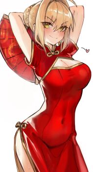 Rule 34 | 1girl, absurdres, ahoge, arms behind head, arms up, blonde hair, blush, braid, breasts, china dress, chinese clothes, cleavage, cleavage cutout, clothing cutout, dress, fate/extra, fate (series), folding fan, gold trim, green eyes, hair bun, hair intakes, hair ribbon, hand fan, highres, large breasts, long hair, looking at viewer, nero claudius (fate), red dress, red ribbon, ribbon, short sleeves, side slit, smile, solo, yotsutsu428
