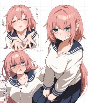 Rule 34 | aqua eyes, arrow (symbol), bags under eyes, blood, blue sailor collar, blush, breasts, closed eyes, commentary request, facing viewer, gauze, gauze on cheek, hair between eyes, highres, large breasts, long hair, michinoku komaro, no dickey, nosebleed, open hands, pakimoti, partially shaded face, pink hair, sailor collar, school uniform, seitokai ni mo ana wa aru!, sweat, translation request, trembling, white background