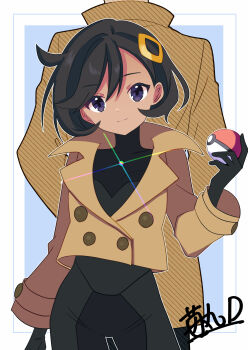 1boy 1girl absurdres aged_up back-to-back black_bodysuit black_gloves black_hair bodysuit bodysuit_under_clothes brown_jacket closed_mouth coat commentary_request cowlick dark-skinned_female dark_skin emma_(pokemon) gloves glowing hair_between_eyes hair_ornament highres holding holding_poke_ball ichigomaru_d jacket latex latex_bodysuit looker_(pokemon) looking_at_viewer mega_stone nintendo poke_ball poke_ball_(basic) pokemon pokemon_legends:_z-a pokemon_xy purple_eyes short_hair sidelocks signature smile solo_focus standing stomach swept_bangs trench_coat