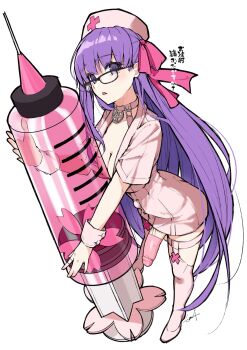 1futa bb_(bb_shot!)_(fate) bb_(fate) black-framed_eyewear breasts cleavage commentary condom fate/grand_order fate_(series) flaccid full_body futanari glasses hair_ribbon hat highres holding holding_syringe large_breasts large_syringe long_hair nurse nurse_cap oversized_object penis pink_thighhighs purple_eyes purple_hair purple_ribbon ribbon solo syringe testicles thighhighs third-party_edit translation_request uncensored utayoi_(umakatare) veins veiny_penis very_long_hair