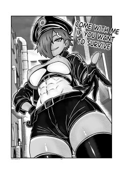 1girl abs asymmetrical_bangs asymmetrical_hair belt breasts cerb_(kaschmatz) city english_text gloves hair_ornament hand_on_own_hip hat kaschmatz looking_at_viewer midriff monochrome one_eye_covered original police police_hat police_uniform short_hair tagme tan tanline thighhighs thighs underboob