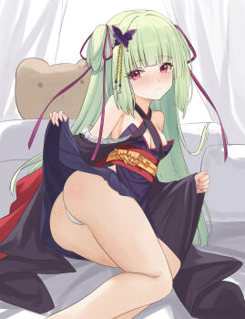 1girl 3: absurdres armpit_crease ass bare_shoulders black_kimono black_skirt blunt_bangs blunt_ends blush breasts butterfly_hair_ornament chinese_commentary cleavage closed_mouth clothes_lift commentary_request criss-cross_halter eyelashes eyes_visible_through_hair feet_out_of_frame from_behind frown green_hair hair_intakes hair_ornament hair_ribbon halterneck hands_up highres hime_cut indoors japanese_clothes kimono lao_xi lifting_own_clothes long_hair long_ribbon looking_at_viewer looking_back miniskirt murasame_(senren) nail_polish on_bed panties pleated_skirt pom_pom_(clothes) presenting purple_nails purple_ribbon red_eyes red_sash ribbon sash senren_banka sidelocks sitting skirt skirt_lift sleeves_past_wrists small_breasts solo split_mouth straight_hair thighs two_side_up underwear very_long_hair white_panties wide_sleeves yokozuwari