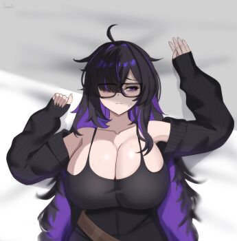 1girl absurdres belt black-framed_eyewear black_dress black_hair breasts brown_belt cleavage closed_mouth colored_inner_hair dress glasses goddess_of_victory:_nikke highres label_(nikke) large_breasts long_hair lying multicolored_hair on_back purple_eyes purple_hair senpaisif solo very_long_hair