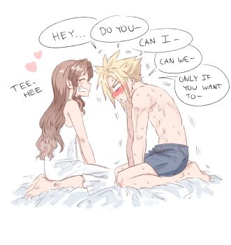 1boy 1girl aerith_gainsborough bare_arms bare_shoulders barefoot bed_sheet bervens12 blonde_hair blush brown_hair closed_eyes cloud_strife commentary couple dress earrings english_text final_fantasy final_fantasy_vii furrowed_brow grey_male_underwear grey_shorts grin hetero highres jewelry kneeling laughing long_dress long_hair male_underwear nervous_sweating parted_bangs parted_lips short_hair shorts sidelocks single_earring sleeveless sleeveless_dress smile spiked_hair sweat symbol-only_commentary teeth topless_male trembling underwear white_background white_dress