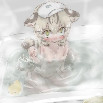 1girl animal_ears bath bathing blush breasts brown_hair cat_ears cat_girl cat_tail completely_nude fangs feet from_above full_body geoffroy's_cat_(kemono_friends) highres kemono_friends konnyakuhokkyo9 loli long_hair looking_at_viewer nude open_mouth paw_pose pussy rubber_duck sketch small_breasts solo steam tail towel towel_on_head wet wet_hair
