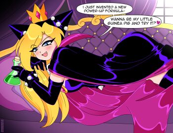 1girl absurdres animal_ears ass asymmetrical_bangs black_cape black_gloves black_hood black_leotard blonde_hair blue_eyes bracelet breasts brooch cape collared_cape couch crown curtains elbow_gloves english_text fake_animal_ears fang flask gem gloves highres holding holding_flask hood hood_up jewelry large_breasts leotard light_blush long_eyelashes long_hair lying mario_(series) mario_power_tennis mario_tennis mini_crown nico-neko nintendo off_shoulder on_stomach pillow pink_cape pink_gemstone potion power-up purple_cape purple_gloves purple_hood purple_leotard skull_brooch smile solo spiked_belt spiked_bracelet spikes thighhighs two-tone_cape warupeach window