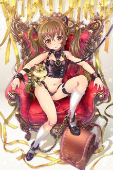 1girl backpack bad_id bad_pixiv_id bag bdsm blush bondage bondage_cuffs bondage_outfit bound breasts brown_eyes brown_hair cat collar cuffs female_focus hobble kouguchi_moto leash loli navel original randoseru sex_toy slave small_breasts solo twintails vibrator viewer_holding_leash