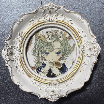 Rule 34 | 1girl, acrylic paint (medium), blue eyes, bow, braid, closed mouth, collage, commentary, dress, english text, eye contact, flower, frills, gold trim, green hair, hair bow, hair flower, hair ornament, hair ribbon, hand on own face, hashtag-only commentary, highres, holding, holding flower, karintoun, long sleeves, looking at another, looking at viewer, medium hair, mixed media, neck ribbon, original, own hands together, painting (medium), pale skin, parted bangs, parted bungs, portrait, ribbon, sidelocks, signature, simple background, solo, sparkle, straight-on, sunflower, traditional media, watercolor (medium), watermark, wavy hair, white background