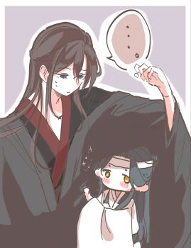 Rule 34 | ..., 2boys, aged down, black eyes, black hair, black hanfu, black sash, blush, blush stickers, chibi, chinese clothes, closed mouth, clothes grab, coat, commentary request, grey coat, hair down, half updo, hand up, hanfu, headband, highres, k a k, lan wangji, long hair, long sleeves, looking at another, looking down, male focus, modao zushi, multiple boys, off shoulder, official alternate costume, official alternate hairstyle, robe, sash, simple background, sparkle, spoken ellipsis, sweatdrop, topknot, wei wuxian, wei wuxian (yiling laozu), white hanfu, white headband, wide sleeves, yaoi, yellow eyes