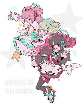 3girls ahoge aqua_hair aqua_streaks arm_warmers bandaid bandaid_hair_ornament bare_shoulders black_hair black_skirt black_thighhighs blue_eyes blush bow center_frills checkered_necktie chinatsu_remiel closed_mouth clothing_cutout colored_inner_hair commentary detached_sleeves dress earrings english_text fingerless_gloves footwear_bow frills from_side fur-trimmed_skirt fur-trimmed_sleeves fur_trim gloves green_bow green_eyes green_halo hair_bow hair_ornament halo heart heart_hair_ornament highres jewelry layered_dress looking_at_viewer multicolored_eyes multicolored_hair multiple_girls multiple_hair_clips musical_note_earrings navel navel_cutout necktie one_eye_closed open-toe_shoes open_mouth outstretched_arm pink_arm_warmers pink_bag pink_bow pink_gloves pink_hair ponytail purple_eyes red_nails red_necktie rokudu_sariel shirt short_twintails skirt star_(symbol) streaked_hair striped_arm_warmers thighhighs twintails w white_background white_dress white_shirt white_wings winged_bag wings xjgfhvg yellow_eyes yutane_johiel zenless_zone_zero