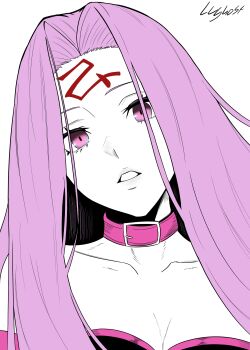 1girl absurdres bare_shoulders coat collarbone commentary english_commentary fate/stay_night fate_(series) forehead_tattoo head_tilt highres long_hair lughost medusa_(fate) medusa_(rider)_(fate) monochrome parted_lips pink_coat pink_eyes pink_hair portrait signature solo spot_color tattoo