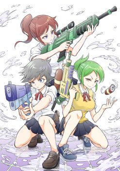3girls absurdres black_skirt blue_eyes blue_shoes bow bowtie brown_hair brown_shoes can commentary_request drink_can green_hair grey_hair high_ponytail highres holding holding_water_gun ishikawa_riko jikkyou_powerful_pro_yakyuu multiple_girls pawahotel3021 ponytail power_pro_kun_pocket power_pro_kun_pocket_11 purple_eyes red_bow red_bowtie school_uniform shinjou_shian shirase_fukiko shirt shoes skirt sleeves_rolled_up socks splashing sweater_vest tile_floor tiles water_gun white_shirt white_socks yellow_sweater_vest
