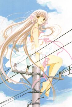 1girl absurdres babydoll bare_legs barefoot blonde_hair bloomers brown_eyes camisole chii chobits clamp clamp_(circle) cloud day feet from_below from_side full_body hair_tubes highres legs long_hair official_art on_top_of_pole outdoors pink_ribbon pole power_lines ribbon robot_ears scan see-through_clothes sitting sky smile soles solo strap_slip toes underwear utility_pole very_long_hair wind
