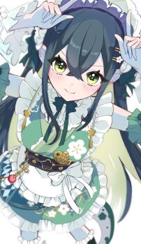 1girl :&gt; apron arms_up bare_shoulders black_corset blush bonnet breasts collar colored_inner_hair corset crossed_bangs detached_sleeves double_finger_gun fang feet_out_of_frame finger_gun fish floral_print floral_print_kimono flower-shaped_pupils flower_hairpin flower_knot frilled_bonnet frilled_collar frilled_skirt frilled_socks frills from_above green_eyes green_hair green_kimono green_ribbon green_tail hair_ribbon hashtag-only_commentary highres japanese_clothes kimono kimono_skirt kneehighs lizard_tail long_hair long_sleeves looking_at_viewer maid_apron multicolored_hair neck_ribbon nijisanji obiage obijime print_kimono ribbon simple_background skin_fang skirt small_breasts smile socks solo symbol-shaped_pupils tail tail_under_clothes tassel togawa_nonoha upturned_eyes v-shaped_eyebrows virtual_youtuber waist_apron white_background white_bonnet white_ribbon white_sleeves zako_producer