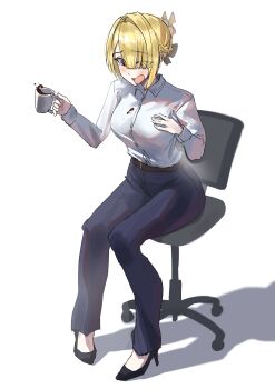 1girl absurdres alternate_costume belt black_ribbon black_shoes blonde_hair blue_pants blush breasts chair coffee coffee_mug commentary_request cup dirty dirty_clothes evelyn_chevalier eyes_visible_through_hair full_body hair_intakes hair_over_one_eye hair_ribbon hand_on_own_chest highres holding holding_cup looking_down medium_breasts mug office_chair open_mouth pants purple_eyes ribbon shadow shirt shirt_tucked_in shoes simple_background sitting solo swivel_chair tora_(kumo_sakamoto) white_background white_shirt zenless_zone_zero