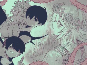 Rule 34 | 2boys, antenna hair, basil (headspace) (omori), basil (omori), closed eyes, commentary request, double-parted bangs, flower, flower wreath, greyscale, grin, hair between eyes, hair over one eye, head wreath, highres, kauchi (kani10cauchi), looking at another, male focus, monochrome, multiple boys, omori, omori (omori), open mouth, overalls, plant, shirt, short hair, short sleeves, sidelocks, smile, spot color, t-shirt, tank top, teeth, thorns, vines