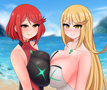 2girls beach blonde_hair blurry blurry_background breast_press breasts cloud competition_swimsuit large_breasts long_hair multiple_girls mythra_(radiant_beach)_(xenoblade) mythra_(xenoblade) ocean one-piece_swimsuit outdoors pyra_(pro_swimmer)_(xenoblade) pyra_(xenoblade) red_hair sand short_hair sky swimsuit symmetrical_docking the_only_shoe water xenoblade_chronicles_(series) xenoblade_chronicles_2