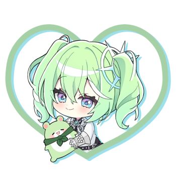 Rule 34 | 1girl, border, chibi, chibi only, chico (yuzuha riko), closed mouth, commentary, creature, cropped torso, dot nose, gauntlets, green border, green hair, heart border, holding, holding creature, jacket, long sleeves, looking at viewer, medium hair, multicolored eyes, multicolored hair, outside border, simple background, smile, solo, stellive, streaked hair, symbol-only commentary, twintails, virtual youtuber, white background, white jacket, yoguri (2019.04), yuzuha riko