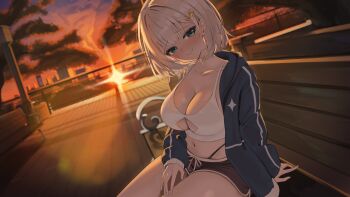 1girl artist_request bench black_shorts blue_jacket blush breasts cleavage closed_mouth clothing_cutout commentary_request crop_top dolphin_shorts drawstring green_eyes hair_ornament hairclip highleg highres hyua indie_virtual_youtuber jacket korean_commentary large_breasts long_sleeves looking_at_viewer micro_shorts midriff navel open_clothes open_jacket panty_straps park_bench second-party_source shirt short_hair shorts sitting sleeveless sleeveless_shirt smile solo spaghetti_strap stomach sunset thighs underboob_cutout virtual_youtuber white_hair white_shirt