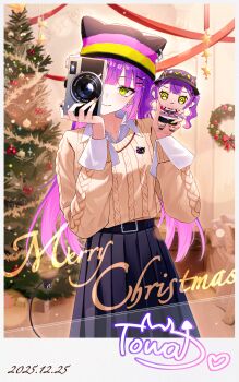 1girl absurdres alternate_costume belt bibi_(tokoyami_towa) black_hat black_skirt blunt_bangs brown_sweater cable_knit camera character_doll character_signature christmas christmas_tree closed_mouth collared_shirt colored_inner_hair commentary covering_one_eye dated demon_girl demon_tail doll ear_piercing english_text green_eyes hair_ornament hairclip hat highres holding holding_camera holding_doll hololive horned_hat indoors long_hair long_sleeves looking_at_viewer merry_christmas multicolored_hair multicolored_hat piercing pink_hair pleated_skirt purple_hair purple_hat shirt sidelocks skirt smile solo star-ring sweater symbol-only_commentary tail tail_ornament tail_piercing tokoyami_towa virtual_youtuber yellow_hat