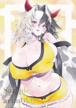 1girl animal_ears animal_print arim0k0 artist_name black_hair breasts cleavage collarbone commentary cow_ears cow_horns cow_print cow_print_jacket crop_top frills grabbing_own_breast hair_between_eyes highres horns huge_breasts jacket medium_hair midriff multicolored_hair navel open_clothes open_jacket parted_bangs parted_lips print_jacket red_eyes sample_watermark shirt smile solo touhou traditional_media two-tone_hair ushizaki_urumi watermark white_hair yellow_shirt