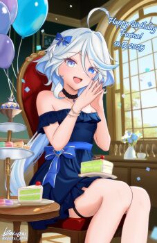 1girl :d absurdres ahoge balloon bare_shoulders blue_bow blue_dress blue_eyes blue_flower blue_nails blue_pupils blue_streaks bow cake cake_slice chair character_name collarbone commentary dated day dress drop-shaped_pupils english_commentary fingernails flower food furina_(genshin_impact) genshin_impact hair_between_eyes hair_bow hands_up happy_birthday heterochromia highres indoors ken-pai_(kenpai_arts) long_hair looking_at_viewer multicolored_hair nail_polish open_mouth signature sitting smile solo steepled_fingers streaked_hair symbol-shaped_pupils thigh_strap twitter_username vase very_long_hair white_hair