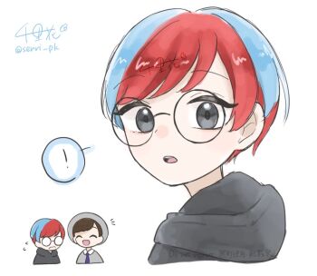 Rule 34 | !, 1boy, 1girl, blue hair, brown hair, closed eyes, closed mouth, commentary request, eyelashes, florian (pokemon), flying sweatdrops, frown, glasses, grey eyes, hat, hood, hood down, looking back, multicolored hair, necktie, nintendo, notice lines, open mouth, penny (pokemon), pokemon, pokemon sv, purple necktie, red hair, round eyewear, senri pk (swpu7847), short hair, signature, simple background, smile, solo focus, speech bubble, spoken exclamation mark, teeth, twitter username, two-tone hair, upper teeth only, very short hair, white background, wide brim