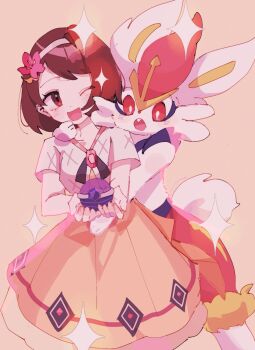 1girl 1other animal_ears blush body_fur breasts brown_eyes brown_hair buck_teeth cinderace dress flower furry gen_8_pokemon gloria_(anniversary_2025)_(pokemon) gloria_(pokemon) hair_ornament hairband highres holding holding_tera_orb nintendo official_alternate_costume one_eye_closed open_mouth orange_dress piyo_(toripoke710) pokemon pokemon_(creature) pokemon_masters_ex rabbit_ears red_eyes short_hair short_sleeves simple_background smile star_(symbol) tail teeth tera_orb white_fur white_hairband