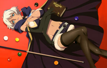 absurdres ball bare_shoulders billiard_ball blue_eyes book breasts choker cloak dark_skin earrings gloves hair_ornament highres holding holding_book jewelry large_breasts magazine_scan meteora_osterreich meteora_osterreich_(delusion) midriff official_art parted_lips pool_table re:creators scan short_hair shorts suzuki_isamu table white_hair