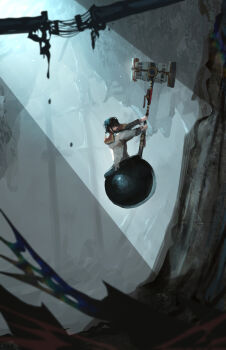 1boy absurdres advarcher arcane:_league_of_legends arcane_jayce beard cauldron climbing commentary crack_of_light english_commentary facial_hair getting_over_it hammer highres holding holding_hammer in_pot jayce_(league_of_legends) league_of_legends long_sleeves parody ruins short_hair