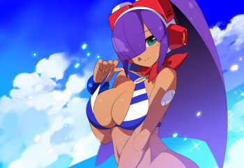 1girl bikini blue_bikini blue_eyes breasts cloud dark-skinned_female dark_skin hair_over_one_eye headgear high_ponytail kaidou_zx large_breasts layer_(mega_man) long_hair looking_at_viewer mega_man_(series) mega_man_x_(series) mega_man_x_dive mole mole_on_neck ocean official_alternate_costume ponytail purple_hair robot_girl smile solo sparkle swimsuit