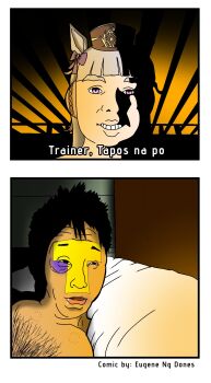 1boy 1girl animal_ears artist_name bed black_hair coco_martin eugene_ng_dones gold_ship_(umamusume) grin hair_ribbon highres horse_ears light_smile limmy_waking_up_(meme) long_hair masahista_(film) meme philippines pillbox_hat pillow purple_eyes realistic ribbon smile tagalog_text trainer_(umamusume) umamusume what