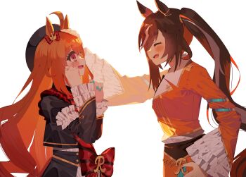 Rule 34 | 2girls, absurdres, ahoge, amane hikari, animal ears, beret, blush, bow, breasts, brown hair, brown tail, closed eyes, commentary request, ear bow, ear ornament, hair between eyes, hair ornament, hat, highres, horse ears, horse girl, horse tail, jacket, long hair, long sleeves, looking at viewer, multicolored hair, multiple girls, open mouth, orange hair, orange jacket, orange skirt, orange tail, royal family (the royal family), royal hope (the royal family), side ponytail, simple background, skirt, smile, streaked hair, tail, the royal family (tv series), umamusume, white background, white hair, white streaks