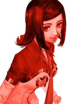 1girl amano_maya blazpu eyelashes heart heart_print highres long_sleeves looking_at_viewer loose_necktie monochrome necktie persona persona_2 persona_2_batsu persona_2_tsumi red_theme simple_background smile solo upper_body white_background
