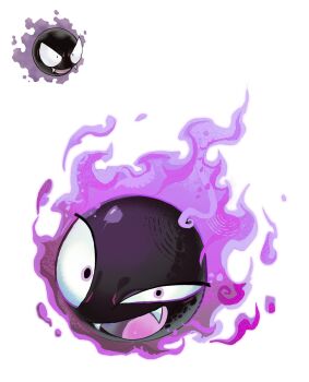 bairizuomeng commentary fangs fire floating full_body gastly gen_1_pokemon ghost highres looking_at_viewer nintendo no_humans open_mouth pokemon pokemon_(creature) pokemon_focus purple_eyes purple_fire reference_inset simple_background solo symbol-only_commentary white_background