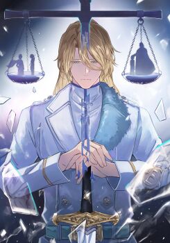 1boy absurdres balancing bleach bleach:_sennen_kessen-hen blonde_hair blue_eyes broken_glass character_request closed_mouth commentary english_commentary fur_trim glass hair_between_eyes high_collar highres jugram_haschwalth long_hair looking_at_viewer male_focus quincy_(bleach) silhouette solo sternritter terarenai upper_body wandenreich_uniform weapon