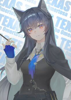 1girl animal_ear_fluff animal_ears arknights between_fingers black_cape black_hair black_vest bolo_tie buttons cape character_name closed_mouth collared_shirt commentary fingerless_gloves food gloves grey_cape hair_between_eyes halftone highres holding holding_food holding_pocky light_blush long_hair long_sleeves looking_at_viewer multicolored_eyes official_alternate_costume orange_eyes pocky purple_eyes purple_gloves shirt solo sy509 texas_(arknights) texas_the_omertosa_(arknights) two-sided_cape two-sided_fabric two-tone_eyes upper_body vest white_shirt wolf_ears wolf_girl