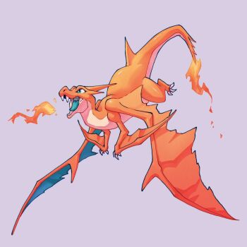 Rule 34 | 1boy, 1other, animal, blue eyes, charizard, claws, colored skin, creature, fangs, fire, floating, flying, full body, gen 1 pokemon, jake parker, mega charizard y, mega pokemon, nintendo, open mouth, orange skin, pokemon, purple background, reptile, tail, tongue, tongue out, wings