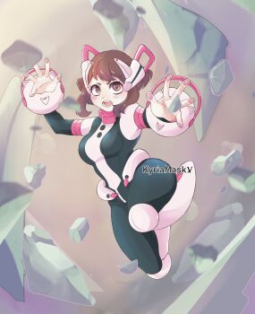 1girl absurdres artist_name black_bodysuit bodysuit boku_no_hero_academia brown_eyes brown_hair debris female_focus fighting fingerprint floating highres kyriamask matching_hair/eyes multicolored_bodysuit non-web_source pink_bodysuit short_hair sidelocks solo superhero_costume uraraka_ochako uraraka_ochako_(hero_outfit) white_bodysuit