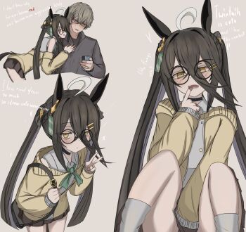 1boy 1girl ahoge animal_ears bag black_bag black_hair black_shirt black_skirt blush cellphone closed_mouth collared_shirt colored_inner_hair commentary english_commentary fang finger_to_mouth glasses green_neckerchief grey_hair hair_between_eyes highres holding holding_bag holding_phone horse_ears horse_girl jacket long_bangs long_hair manhattan_cafe_(umamusume) multicolored_hair neckerchief open_clothes open_jacket open_mouth phone pleated_skirt purple_hair round_eyewear shirt short_hair skin_fang skirt sleeveless sleeveless_shirt smartphone tomatoidaphne twintails two-tone_hair umamusume v white_shirt yellow_eyes yellow_jacket