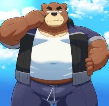 1boy animal_ears bara bear_boy bear_ears blue_jacket blue_pants brown_fur closed_mouth cloud cloudy_sky collarbone commentary_request fang fat fat_man furrowed_brow furry furry_male hand_on_own_face hand_on_own_hip highres jacket juuichi_mikazuki male_focus midriff_peek morenatsu omo_kemo pants shirt sky sweatdrop thick_eyebrows white_shirt