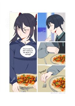 1boy 1girl absurdres adversarial_noise alternate_costume alternate_universe aqua_eyes arrow_(symbol) artist_name asymmetrical_bangs averting_eyes black_hair black_hood black_hoodie black_ribbon black_shirt black_sleeves blunt_bangs blunt_ends casual closed_eyes closed_mouth collar collared_shirt contemporary english_text facing_to_the_side fingernails food food_request fork genshin_impact genshinribu green_collar hair_between_eyes hair_ribbon highres holding holding_fork hood hood_down hoodie indoors left-to-right_manga light_blush long_hair long_sleeves looking_to_the_side mona_(genshin_impact) o3o parted_bangs parted_lips plate red_ribbon ribbon scaramouche_(genshin_impact) shirt sidelocks smile speech_bubble tsurime twintails undershirt white_mouth wispy_bangs